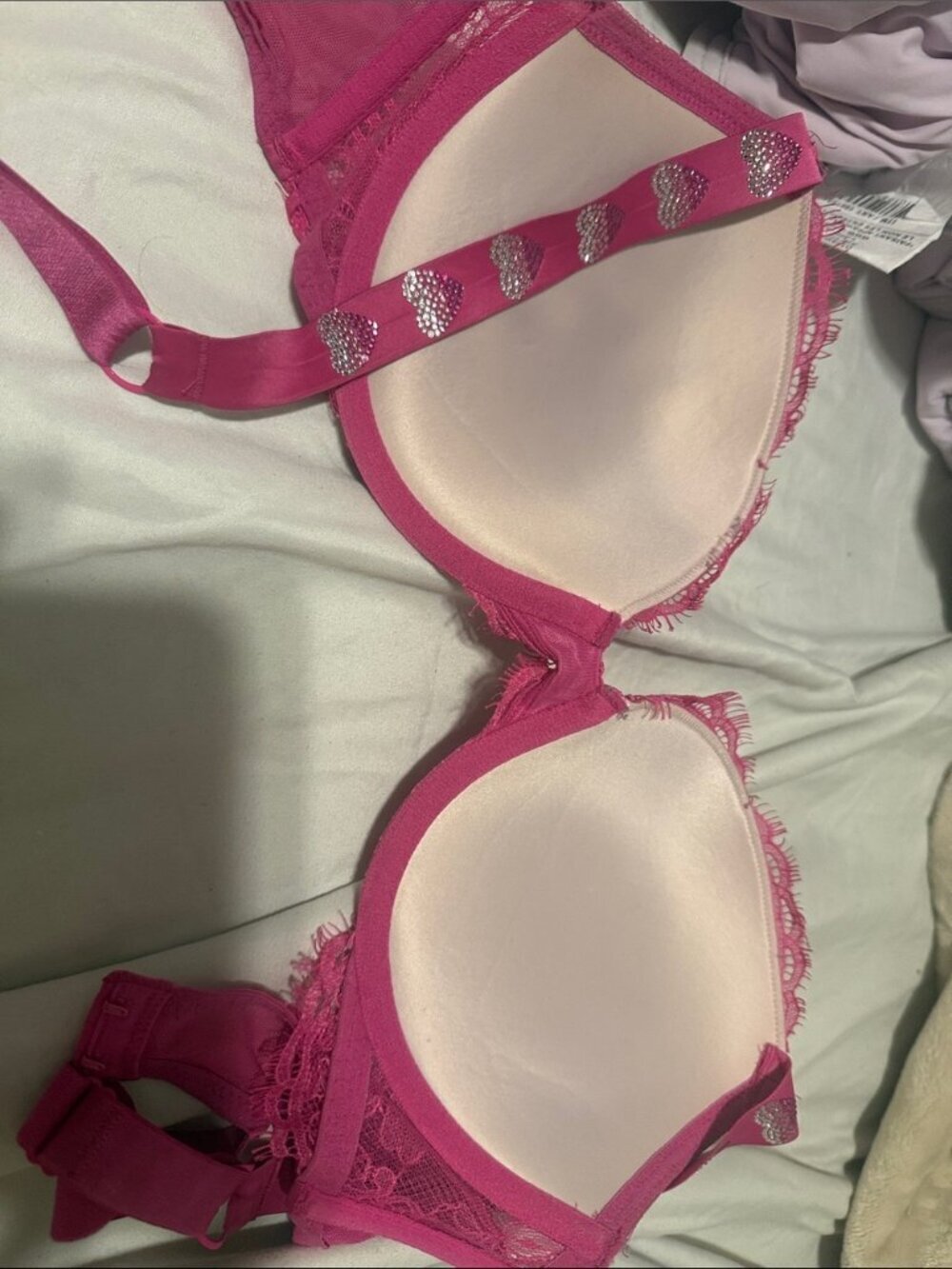 NWT Victoria's Secret Pink Heart Rhinestone Lace Push-Up Bra & Panty Set - Picture 2 of 4